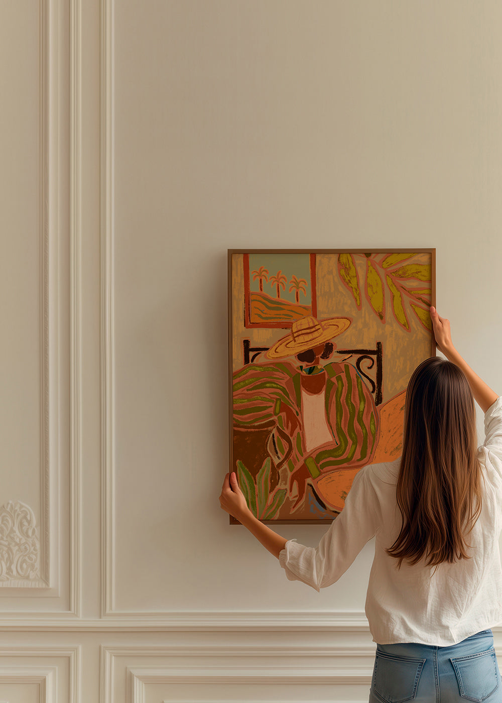 Botanisk plakat: kvinde med hat og blade