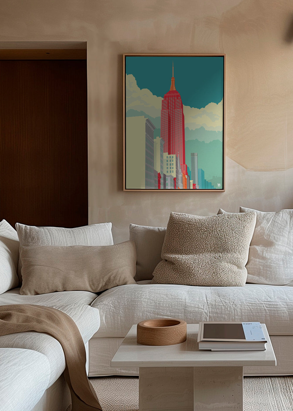 Bykunst med rød skyskraber