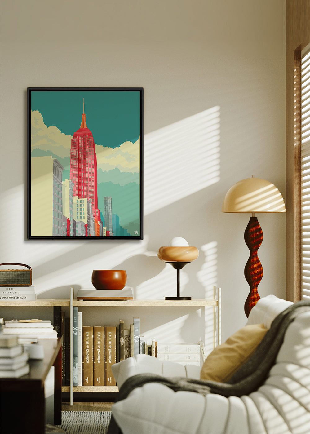 Bykunst med rød skyskraber