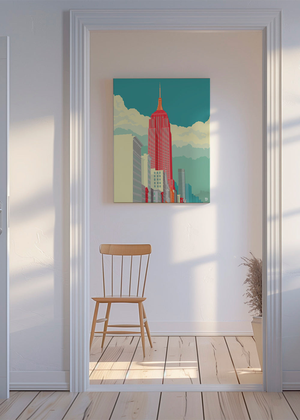 Bykunst med rød skyskraber