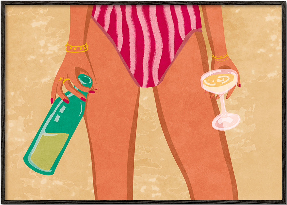 Illustration af kvinde med vin på stranden