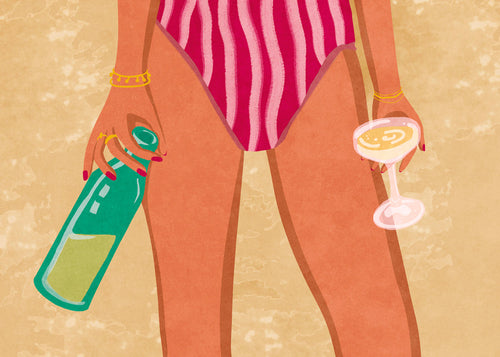 Illustration af kvinde med vin på stranden