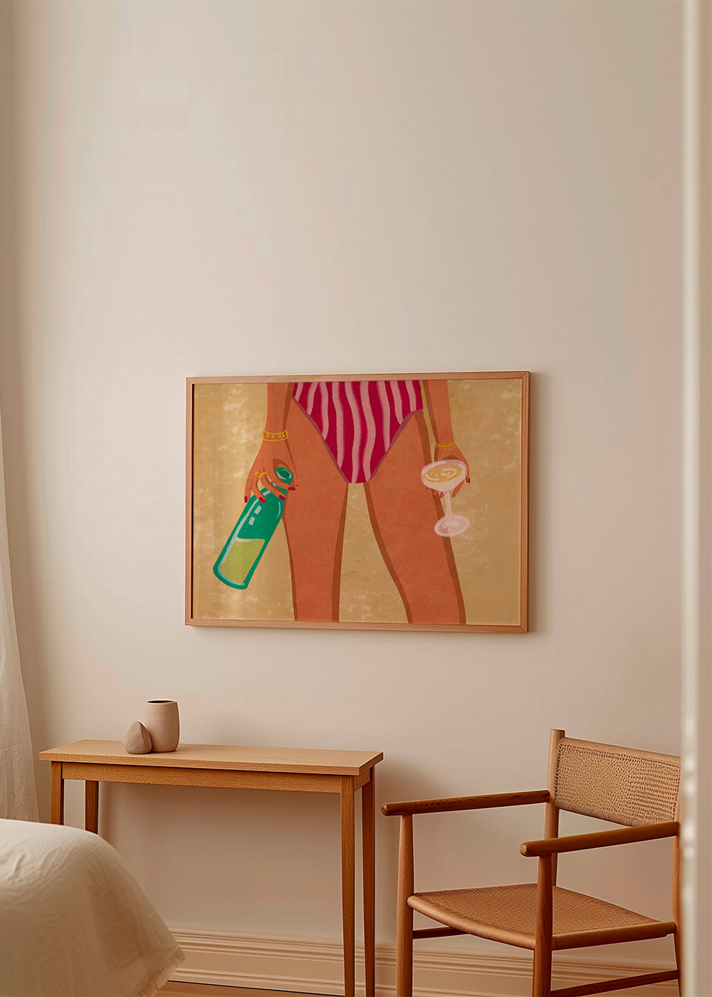 Illustration af kvinde med vin på stranden
