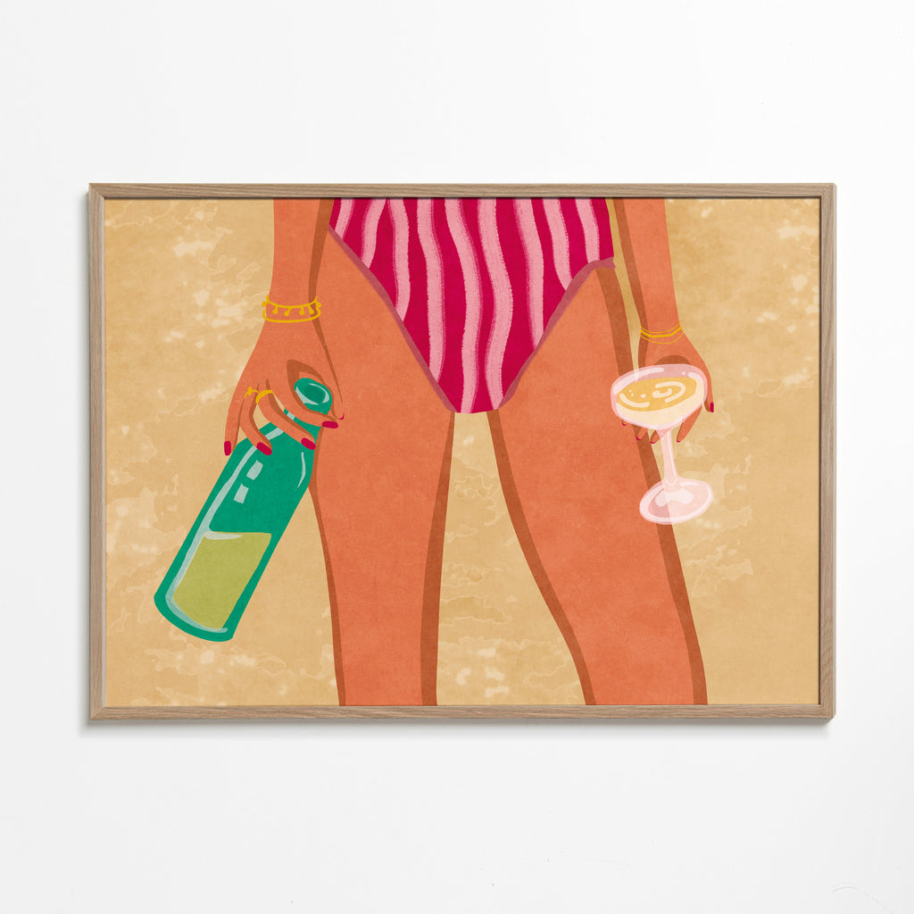 Illustration af kvinde med vin på stranden