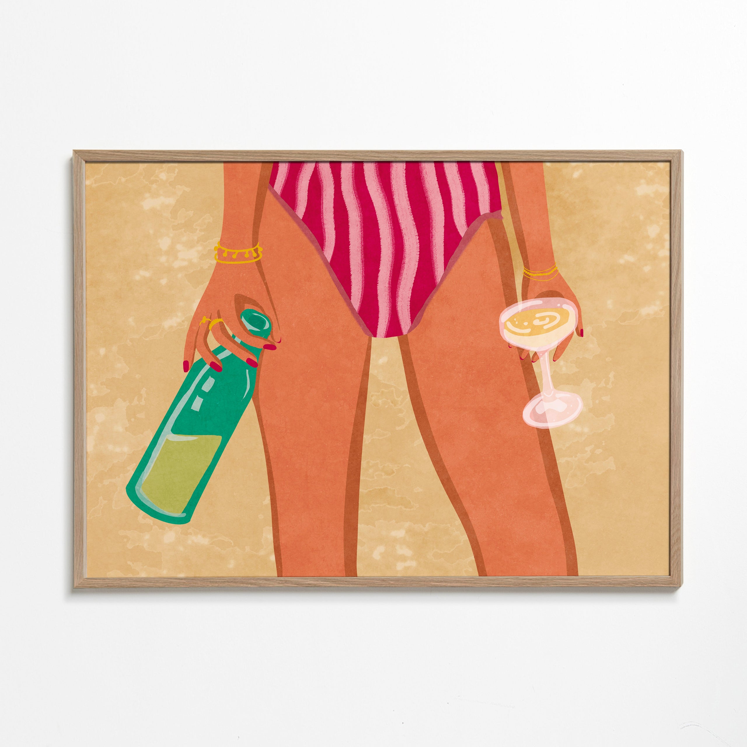 Illustration af kvinde med vin på stranden