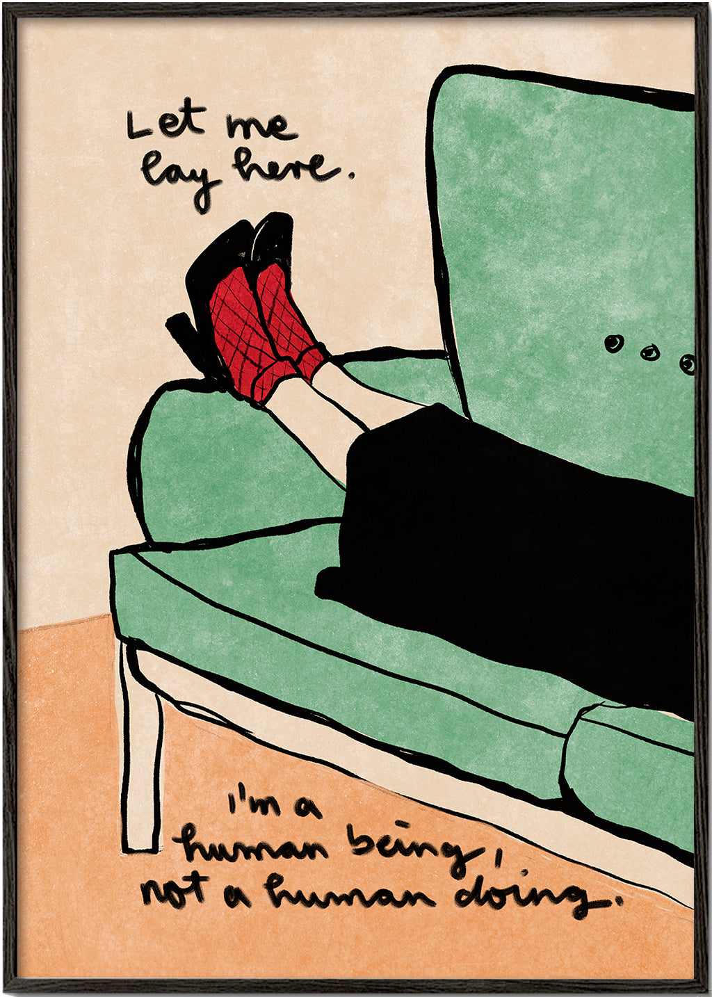 Illustration ben på sofa med håndskrevet tekst