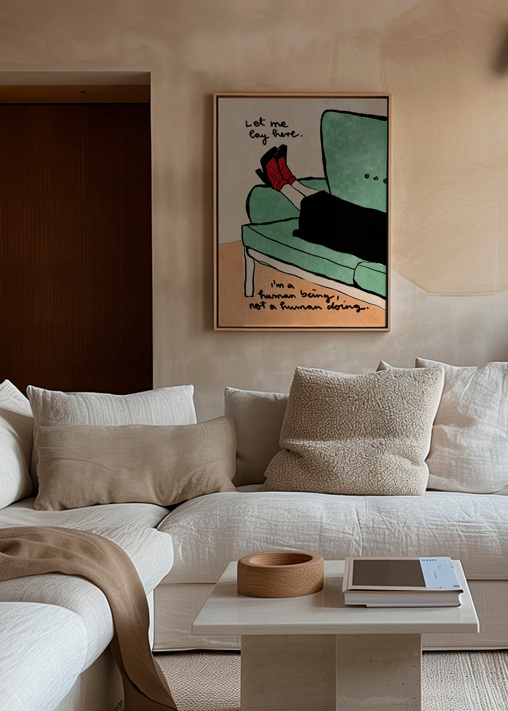 Illustration ben på sofa med håndskrevet tekst