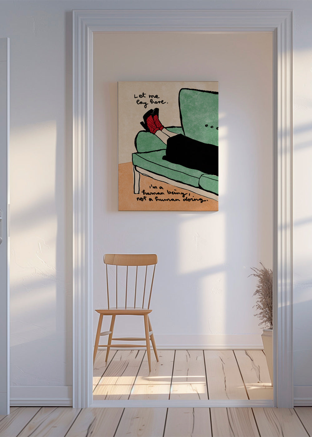 Illustration ben på sofa med håndskrevet tekst