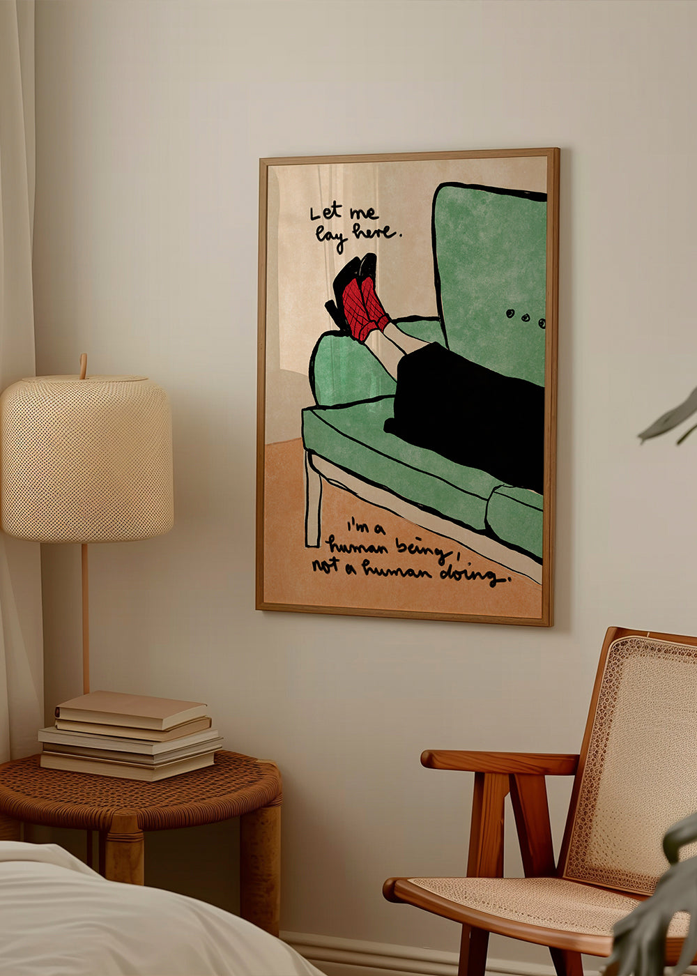 Illustration ben på sofa med håndskrevet tekst