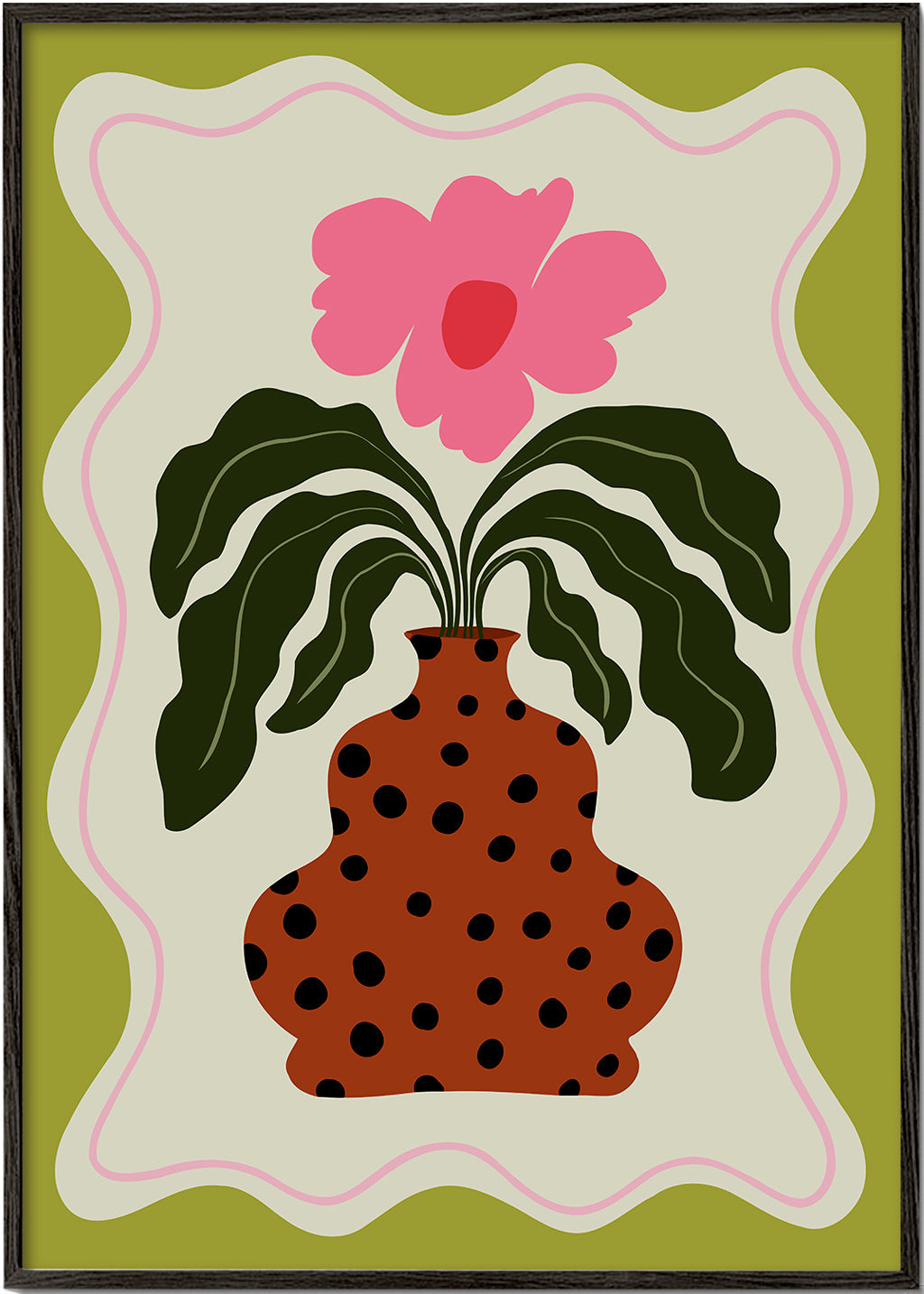 Botanisk plakat med rosa blomst og prikket vase