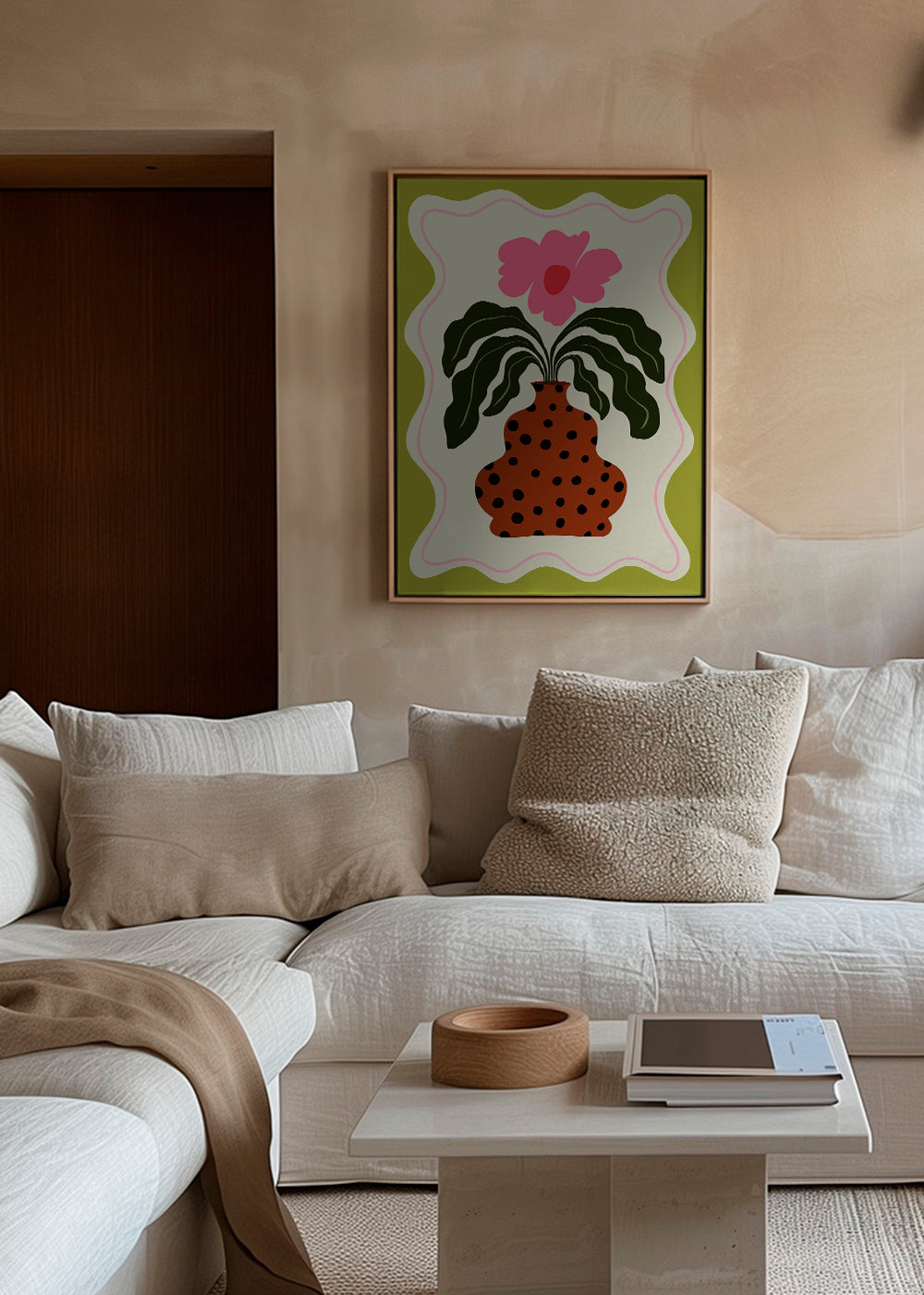 Botanisk plakat med rosa blomst og prikket vase