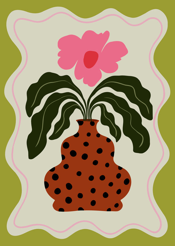 Botanisk plakat med rosa blomst og prikket vase