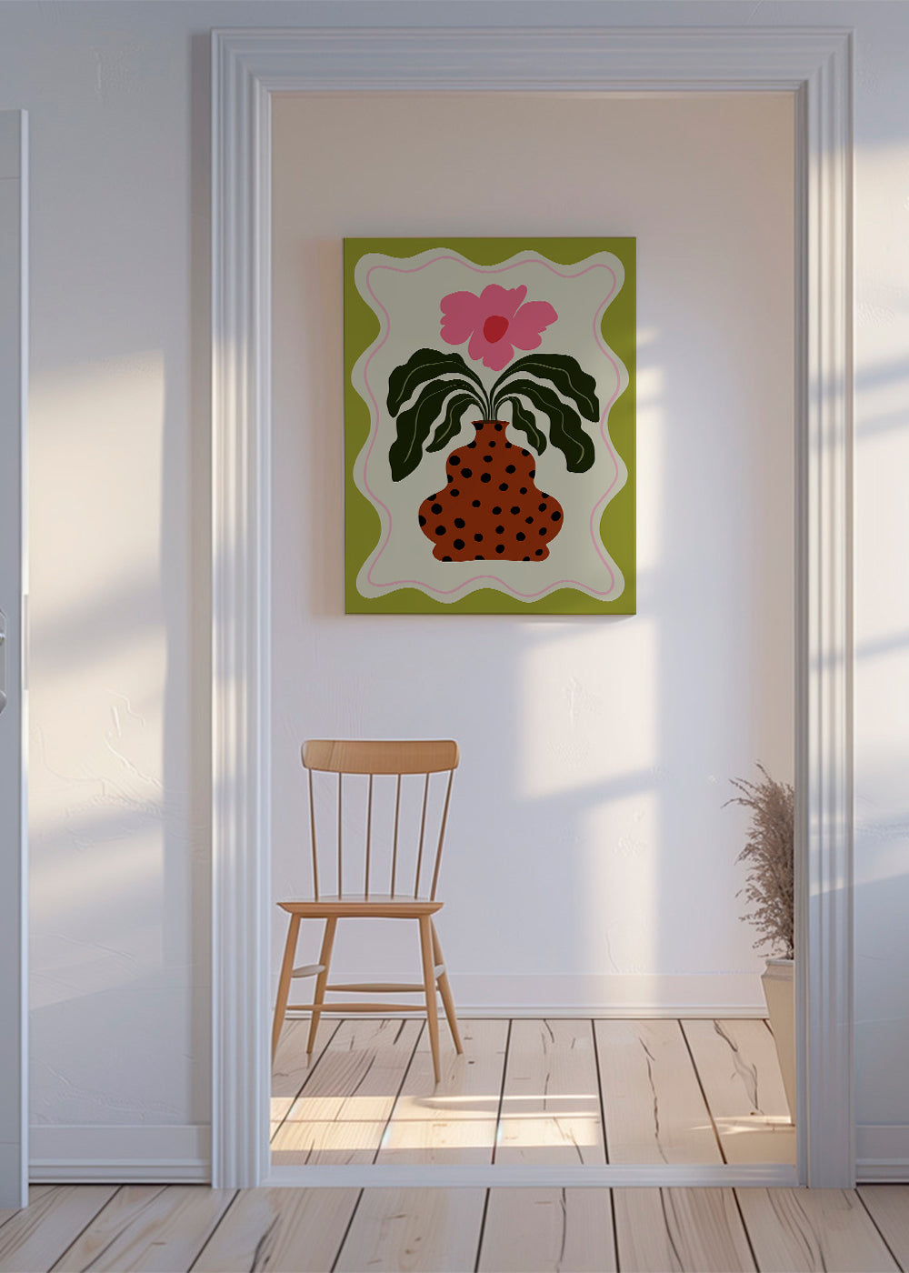 Botanisk plakat med rosa blomst og prikket vase