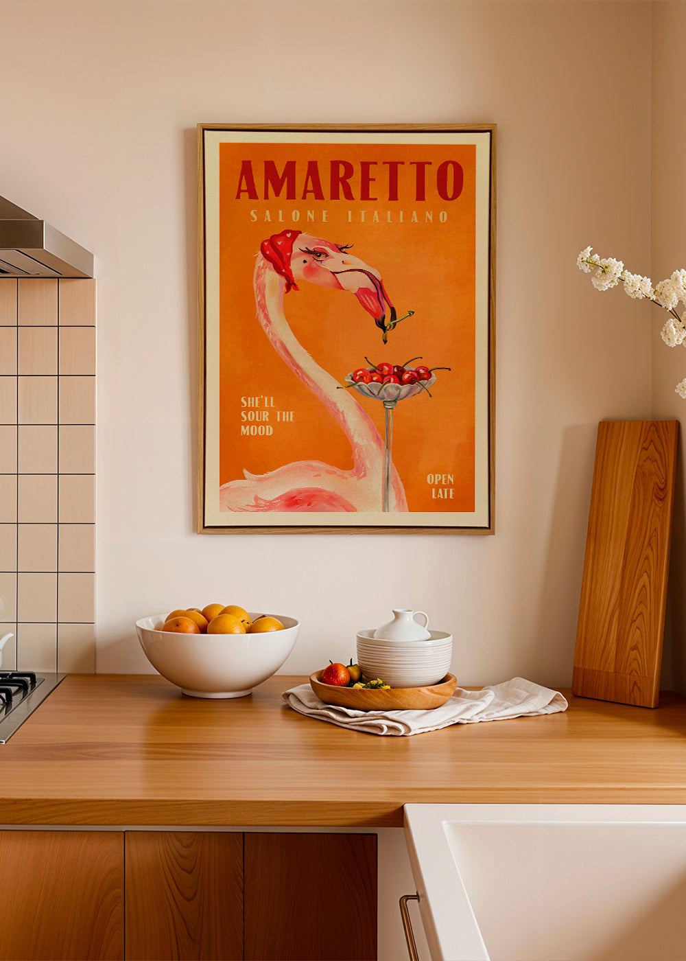 Køkkenkunst vintage med flamingo og cocktail