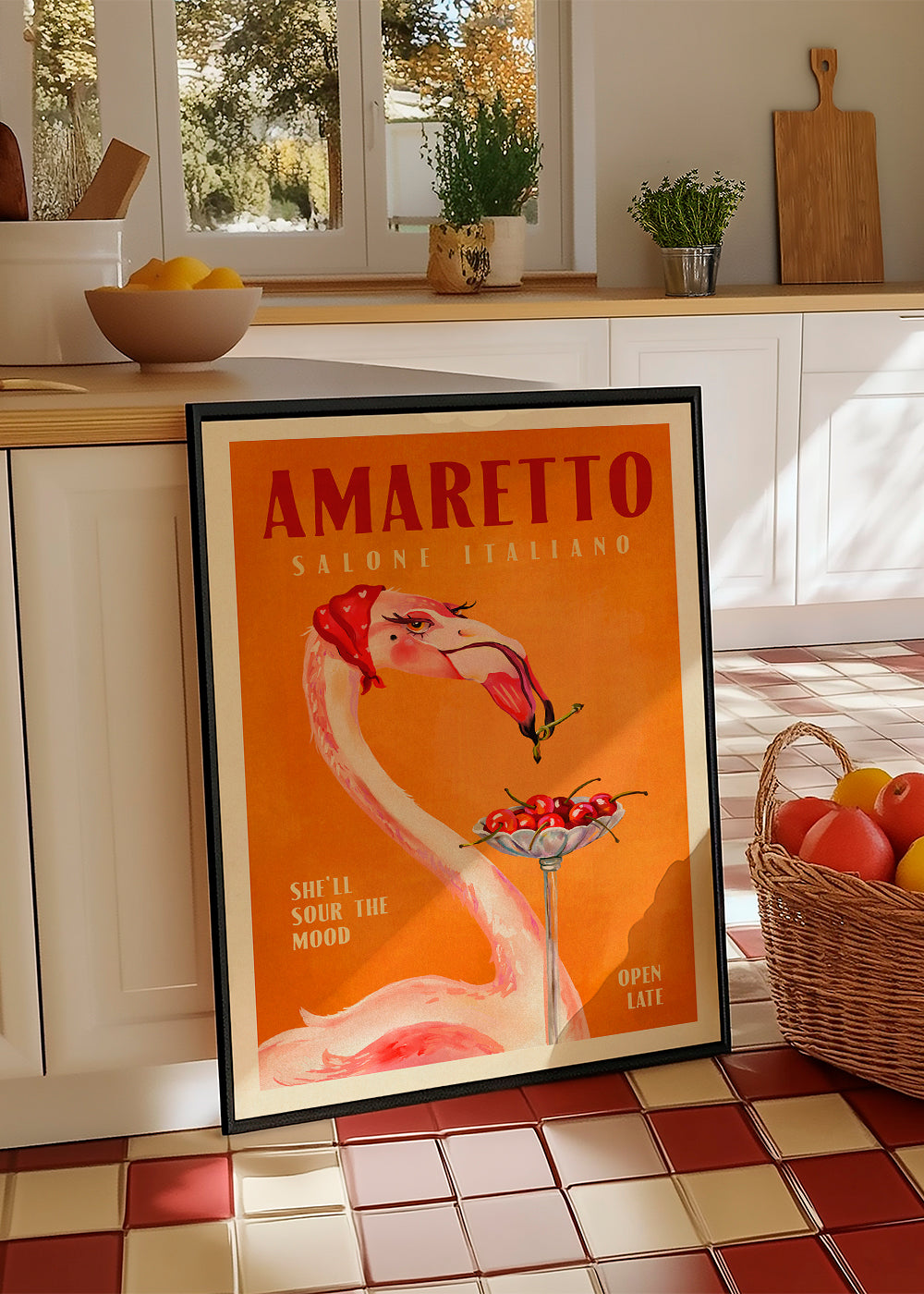 Køkkenkunst vintage med flamingo og cocktail