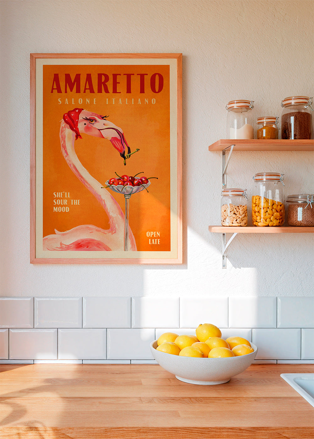 Køkkenkunst vintage med flamingo og cocktail