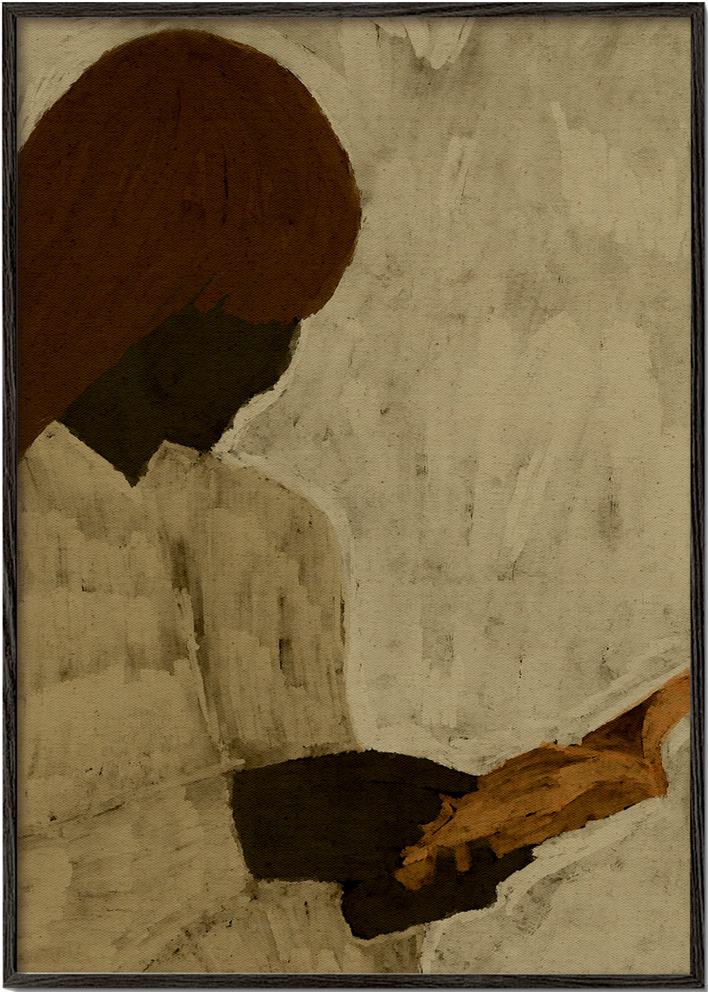 Illustration af figur der læser i varme toner