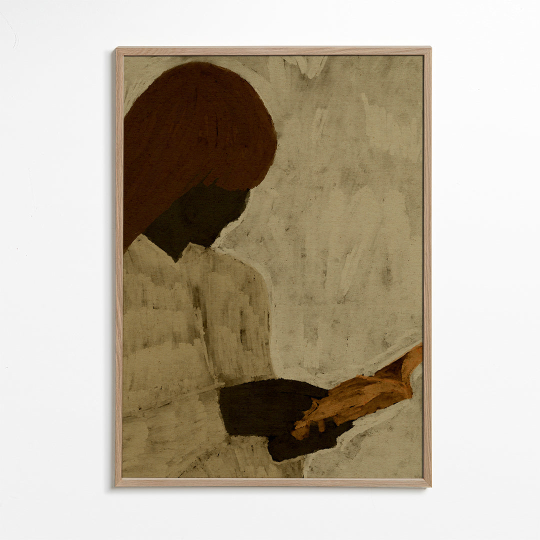 Illustration af figur der læser i varme toner
