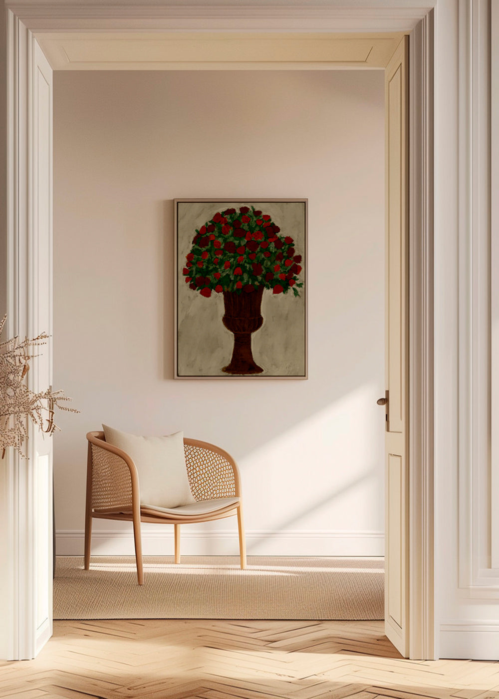 Botanisk plakat med rødt rosenbukket