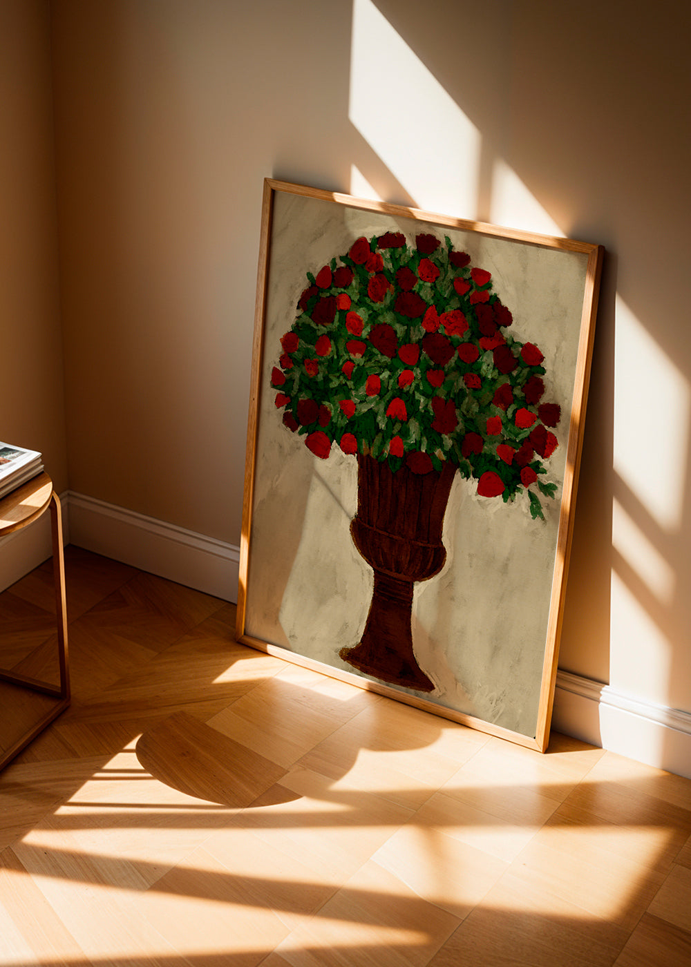 Botanisk plakat med rødt rosenbukket