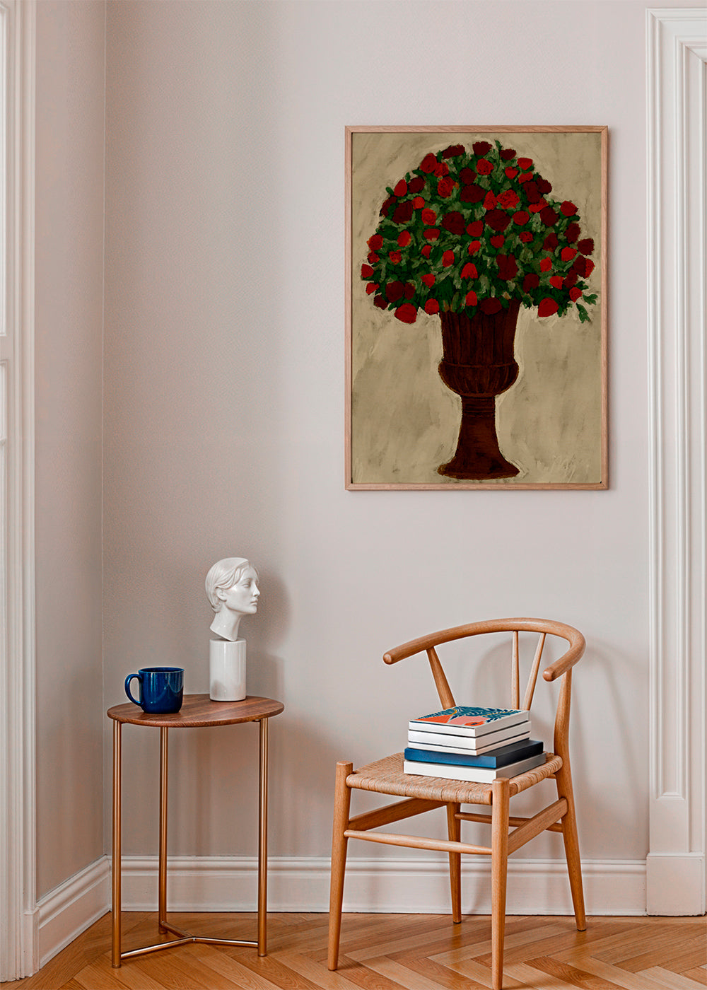 Botanisk plakat med rødt rosenbukket