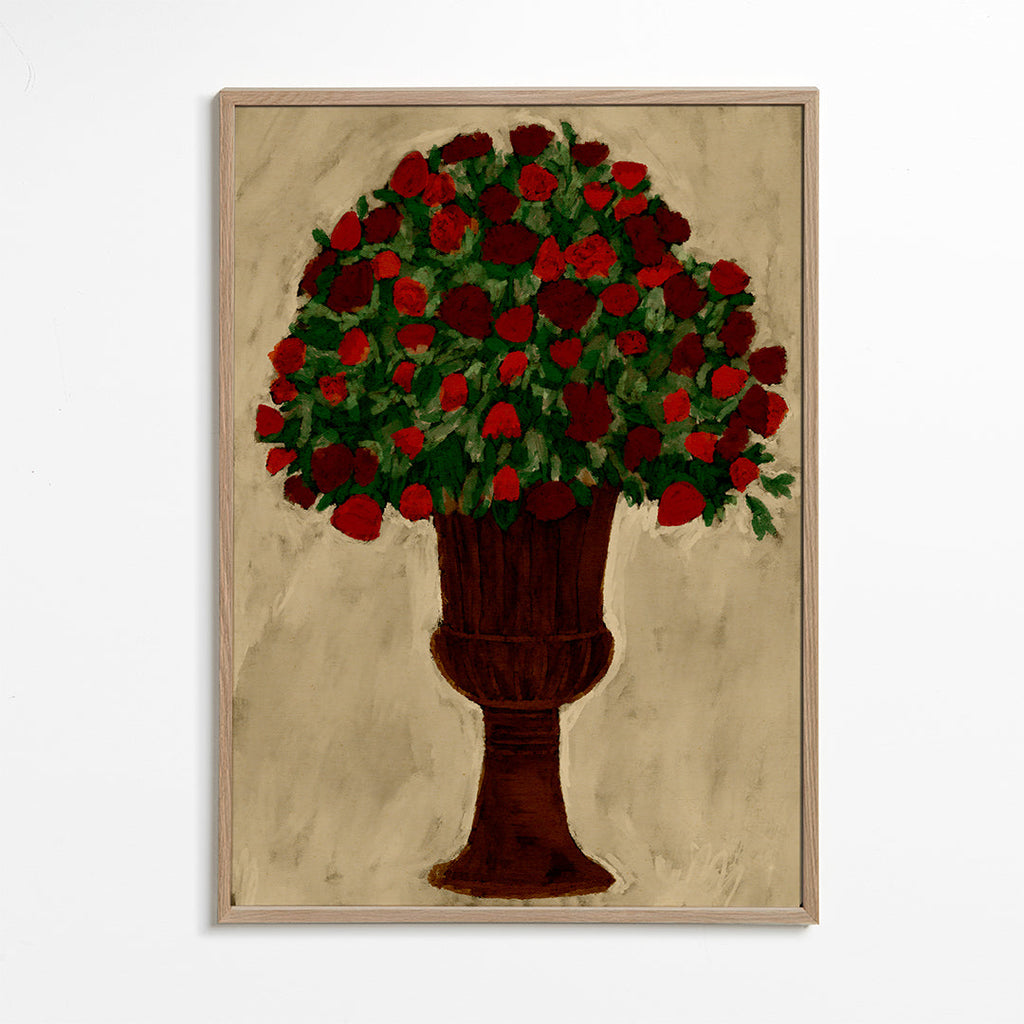 Botanisk plakat med rødt rosenbukket