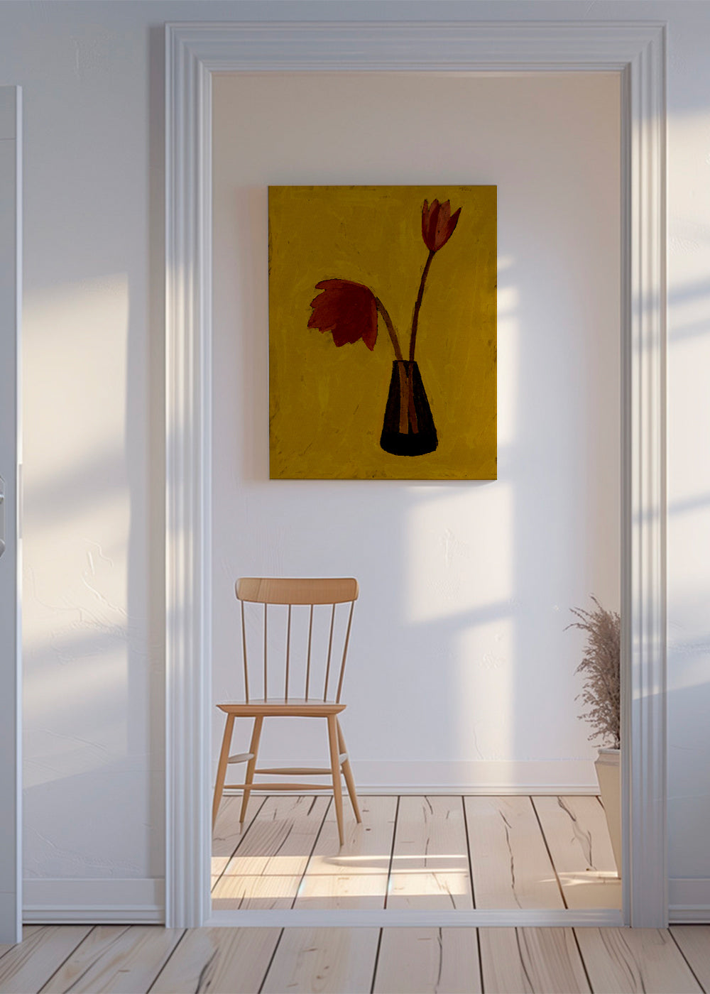 Botanisk plakat med røde tulipaner på gul baggrund