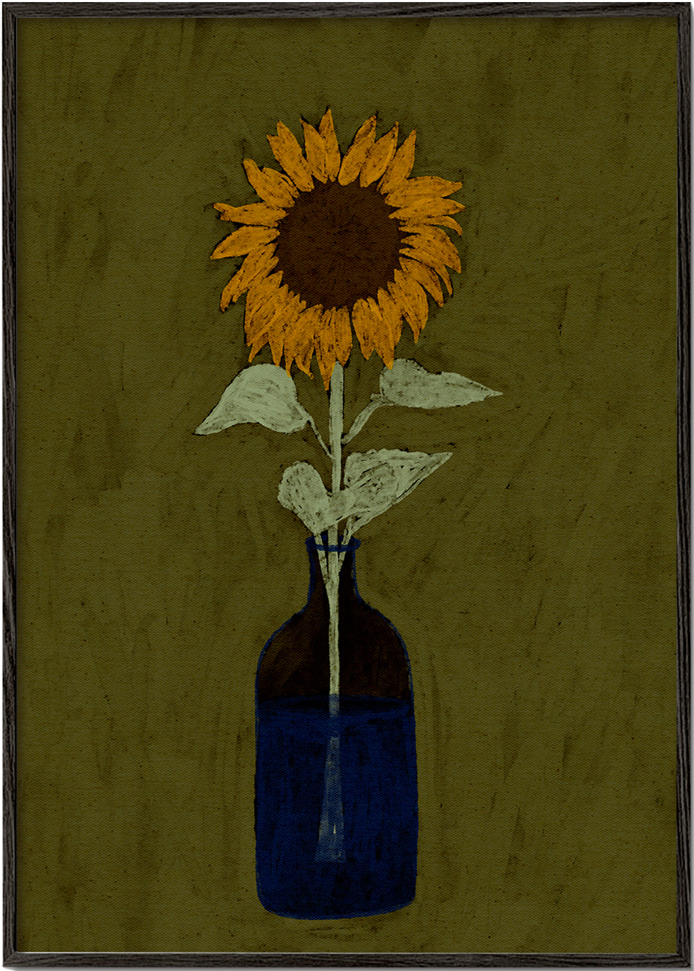 Botanisk plakat: solsikke i blå vase
