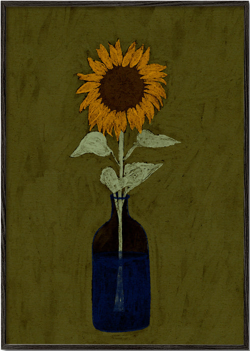 Botanisk plakat: solsikke i blå vase