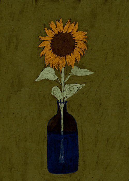 Botanisk plakat: solsikke i blå vase