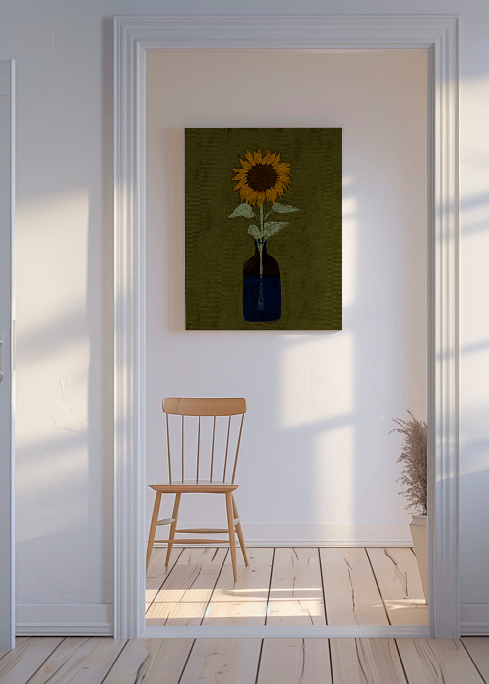 Botanisk plakat: solsikke i blå vase