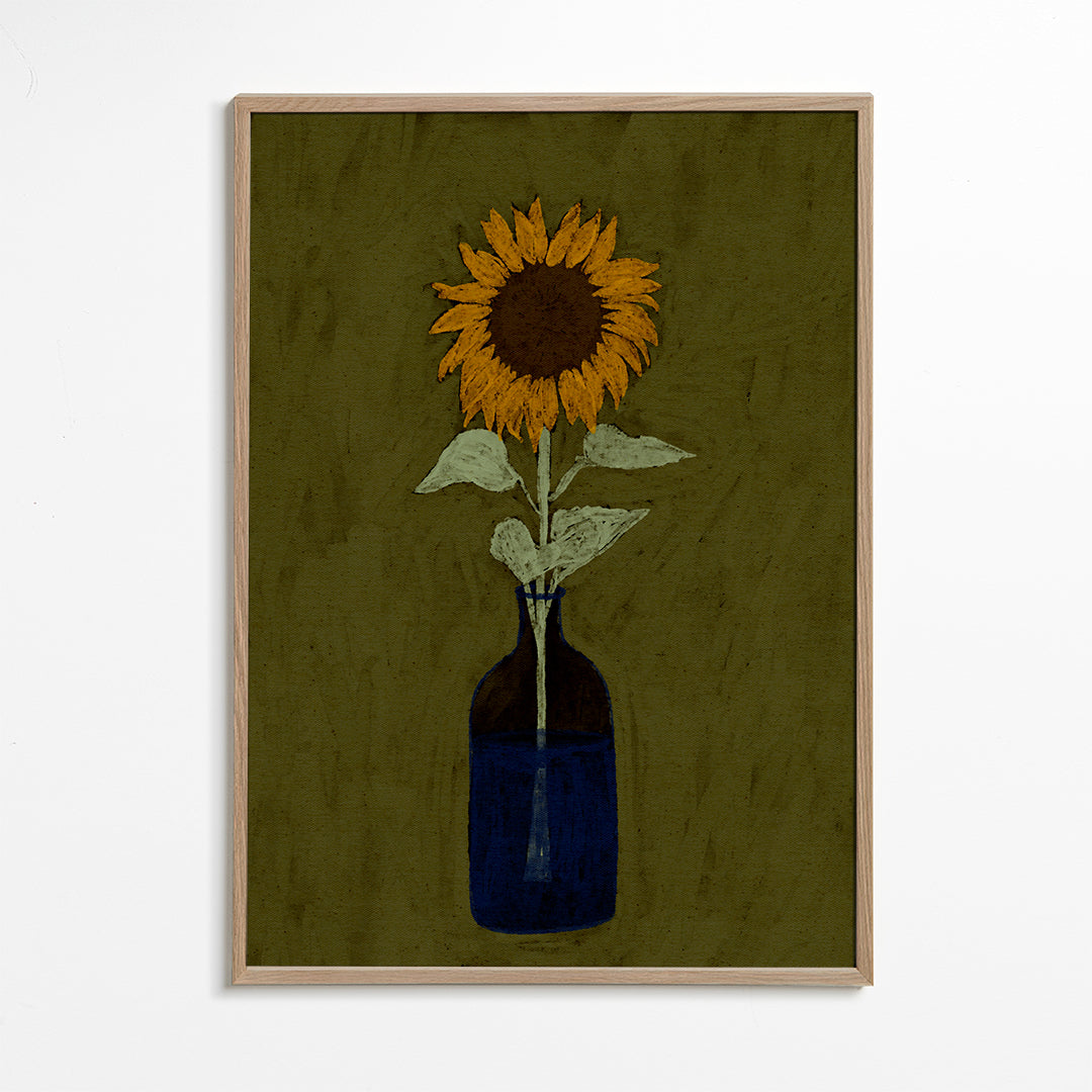 Botanisk plakat: solsikke i blå vase