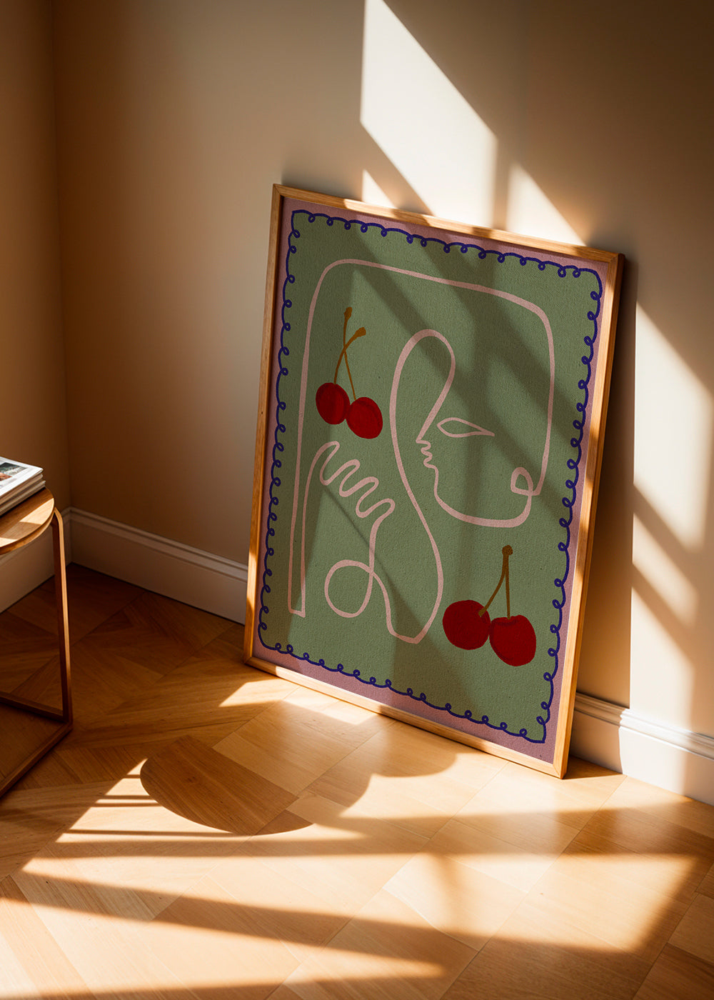 Køkkenkunst med kirsebær og linjemotiv