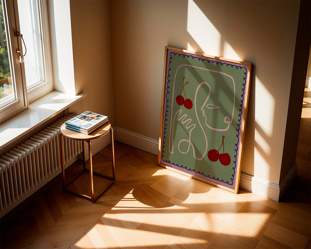 Køkkenkunst med kirsebær og linjemotiv