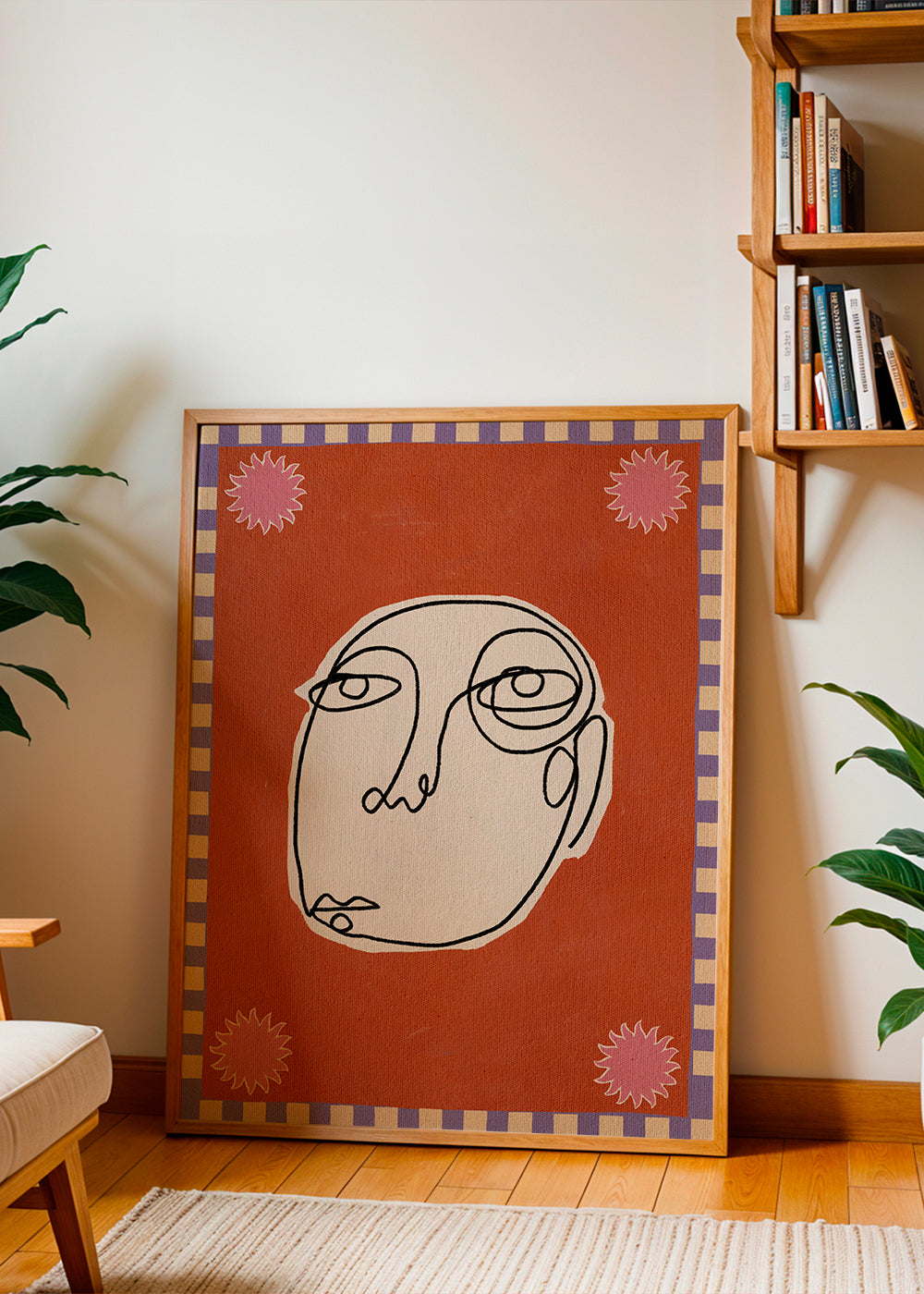 Illustration: lineært ansigt på terrakotta