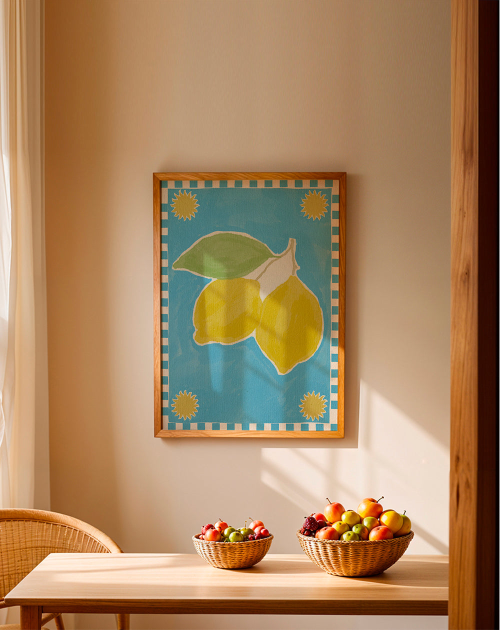 Køkkenkunst med citroner på blåt bånd
