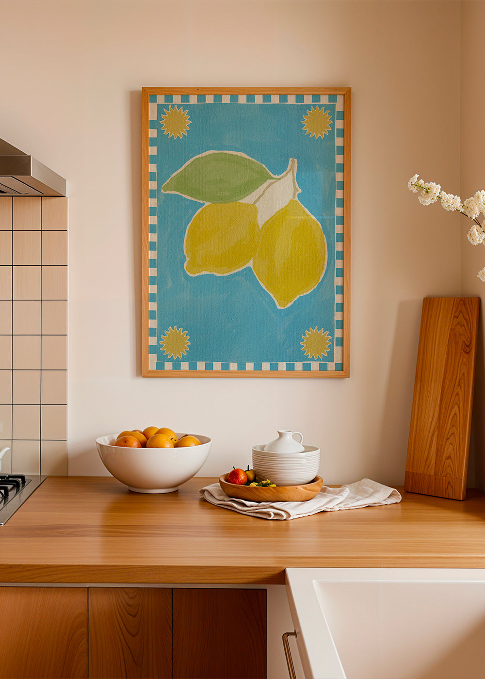 Køkkenkunst med citroner på blåt bånd