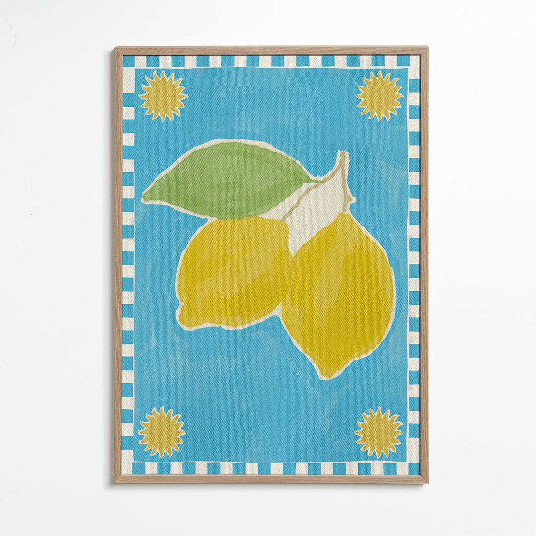 Køkkenkunst med citroner på blåt bånd