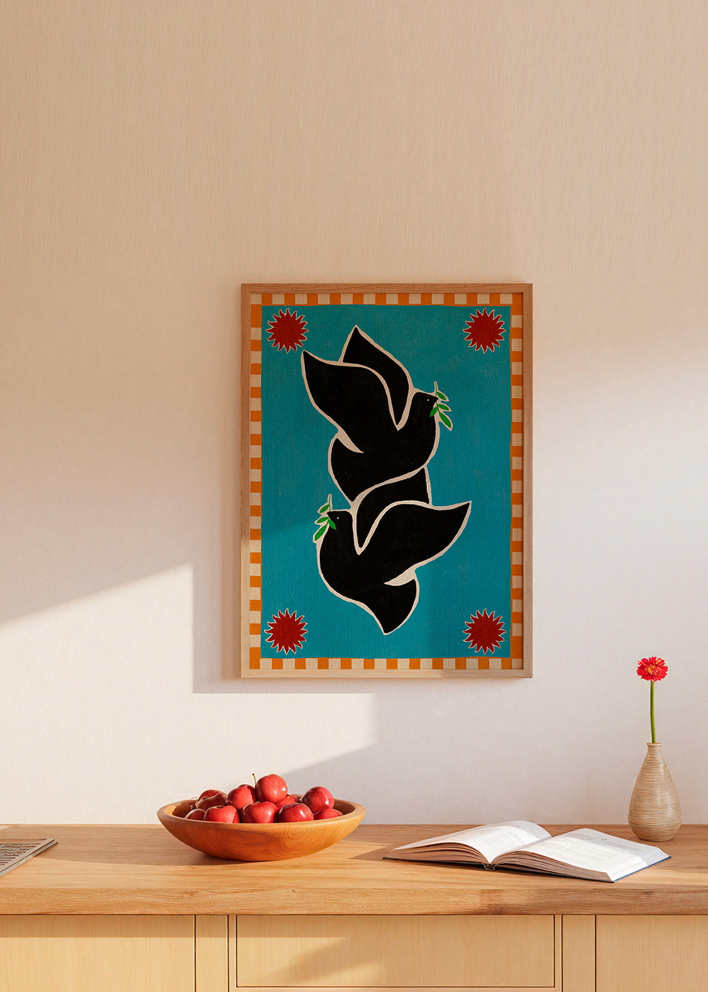 Kunst: due duer på turkis baggrund