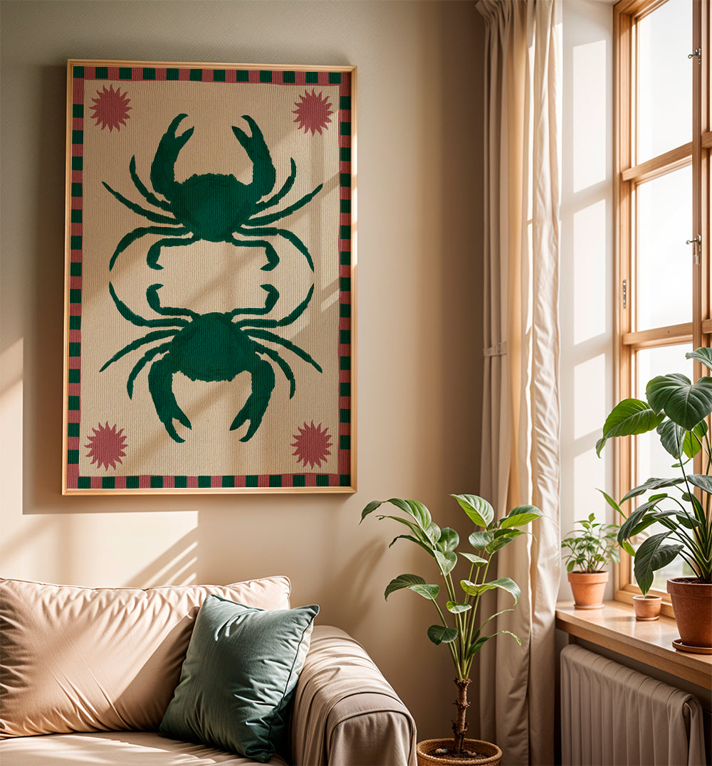 Køkkenkunst med spejlede grønne krabber