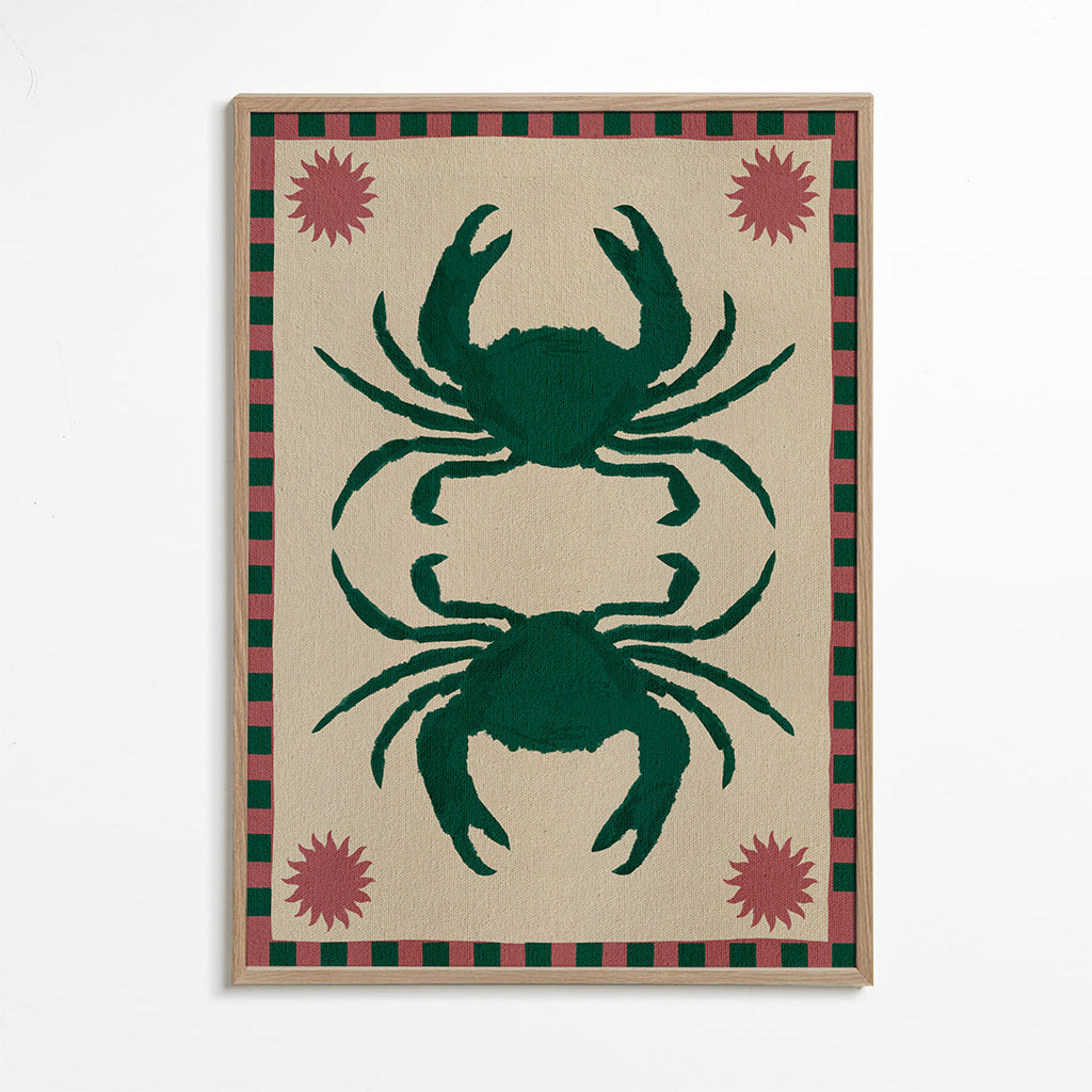 Køkkenkunst med spejlede grønne krabber