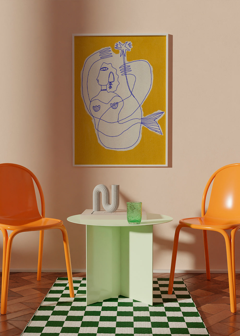 Havfrue stregillustration på gul