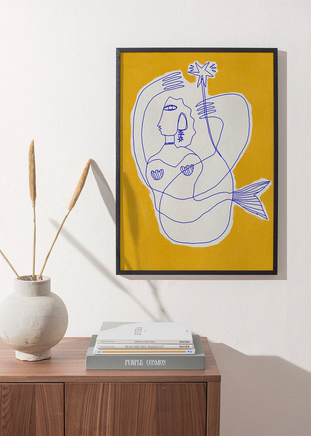 Havfrue stregillustration på gul
