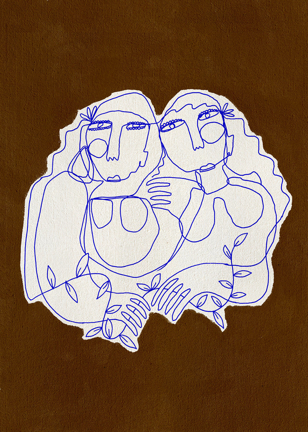 Linjeillustration af to omfavnende figurer
