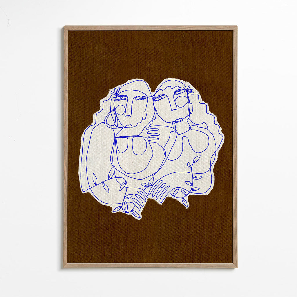 Linjeillustration af to omfavnende figurer