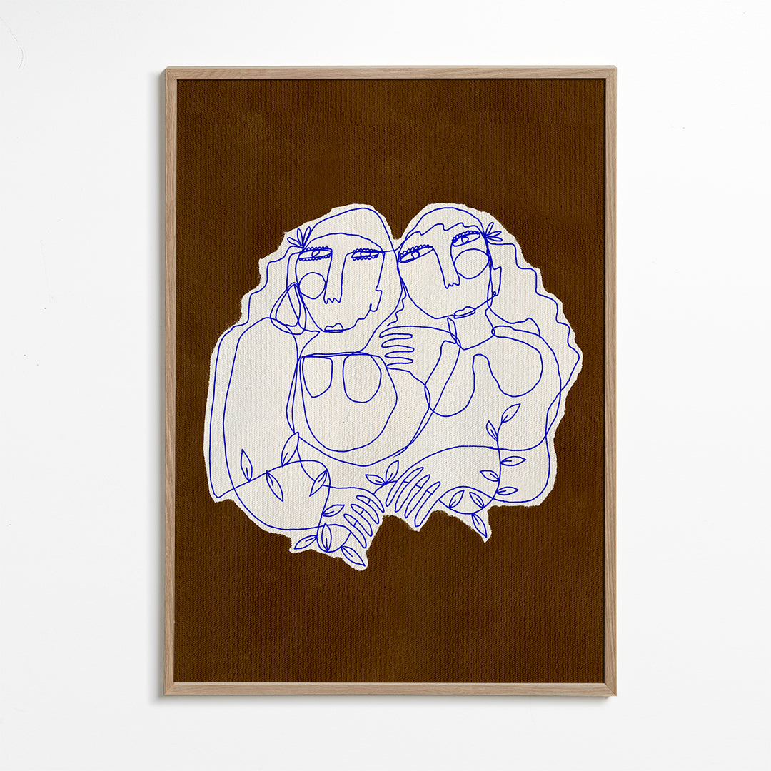 Linjeillustration af to omfavnende figurer