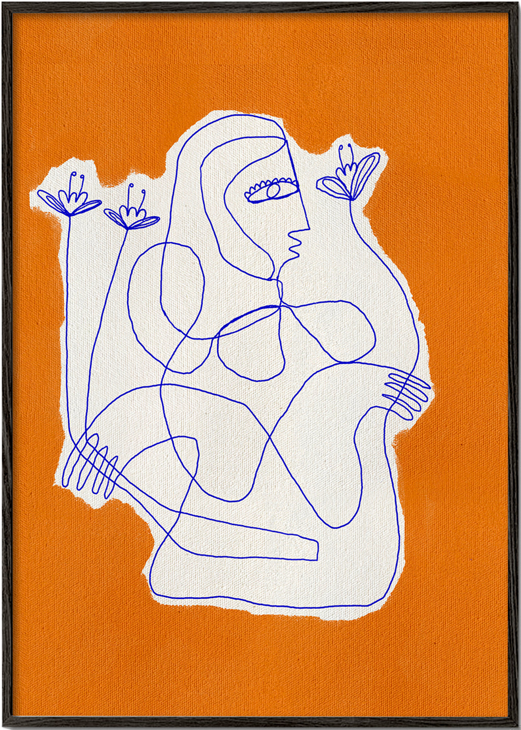 Illustration: linjefigur med blomster på orange
