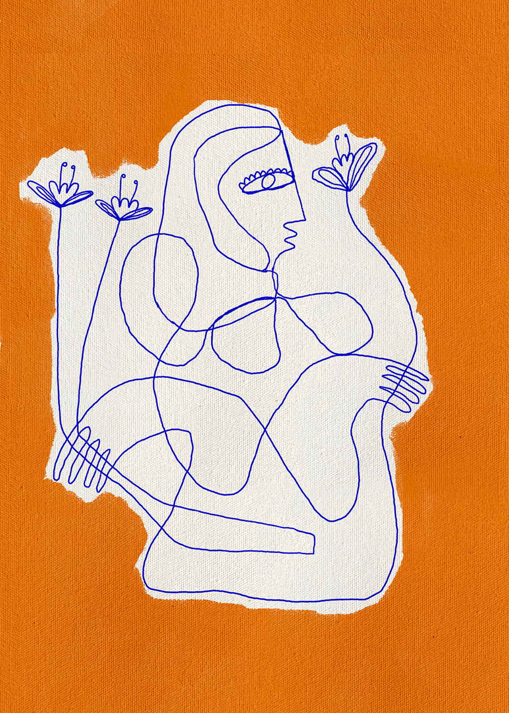 Illustration: linjefigur med blomster på orange