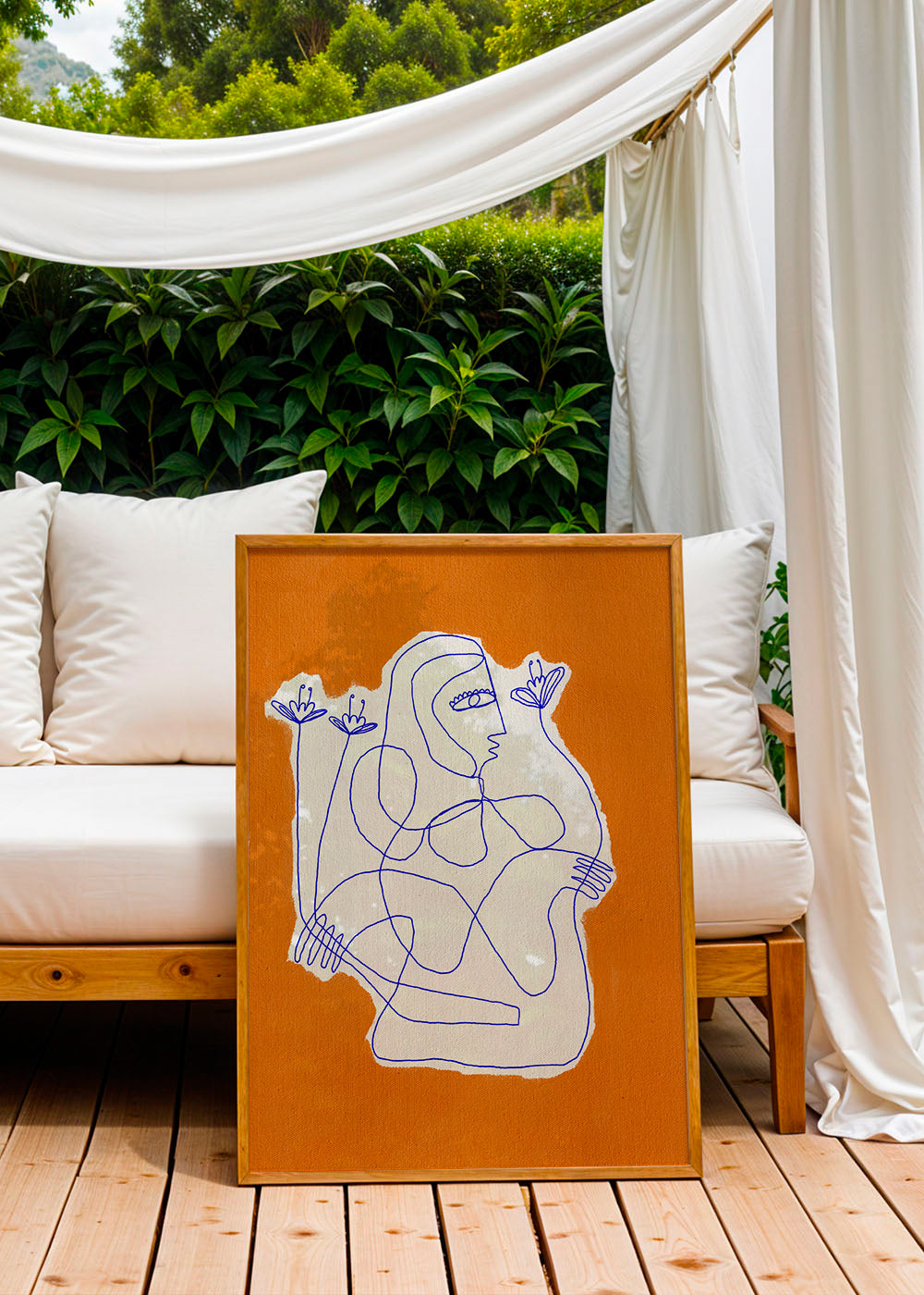Illustration: linjefigur med blomster på orange