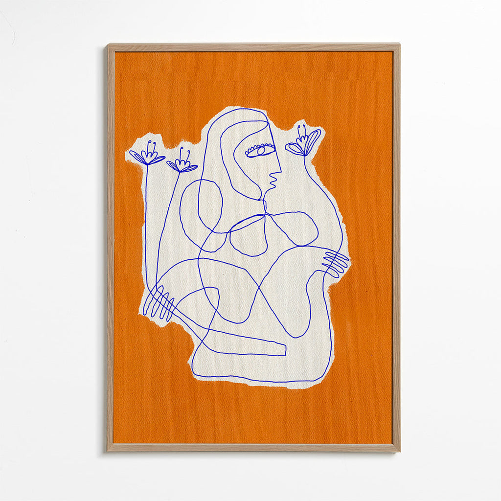 Illustration: linjefigur med blomster på orange